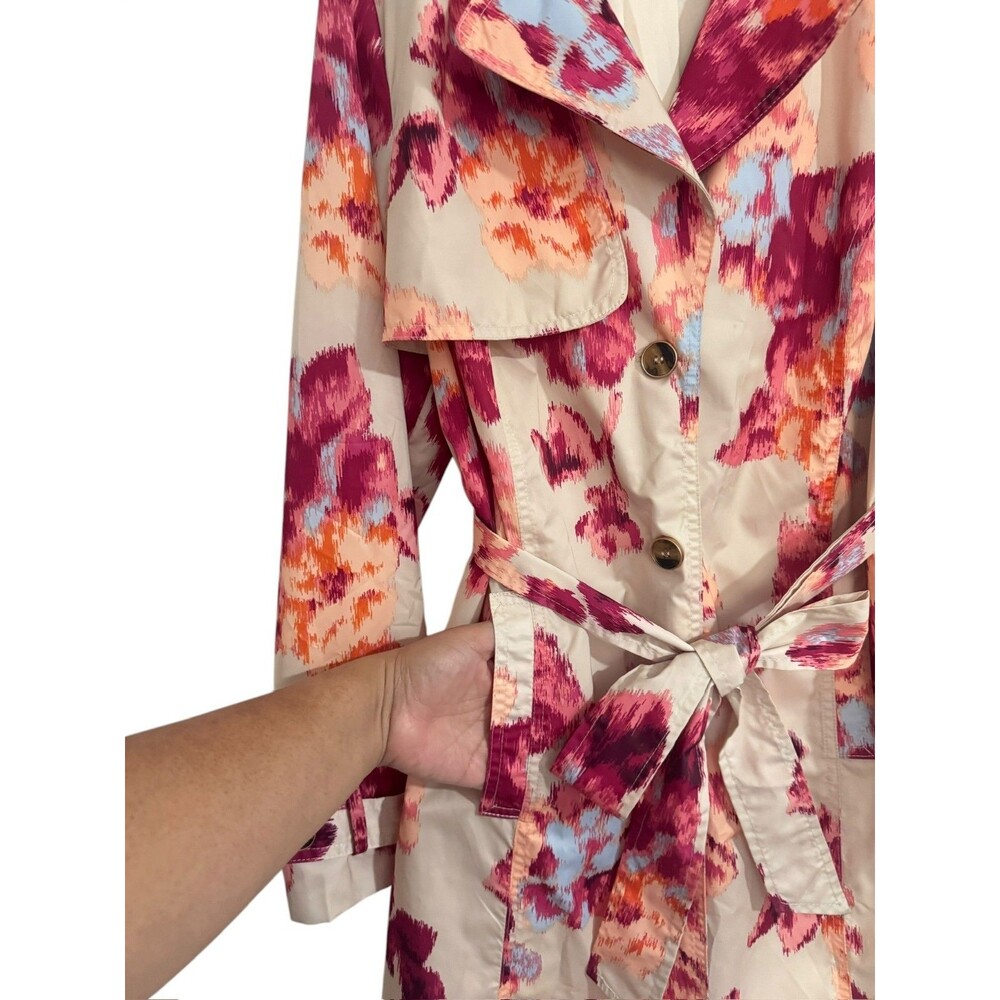 Chicos Trench Coat Womens 1 MEDIUM Floral Pockets Detachable Hoodie Button Front - Picture 8 of 13